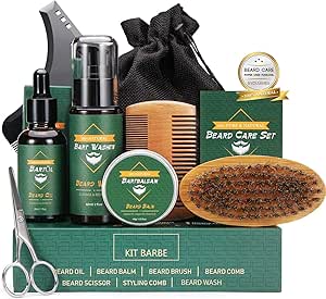 9 in 1 kit per la cura della barba - completo con olio, balsamo, shampoo, spazzola, pettine, forbici e borsa di stoccaggio