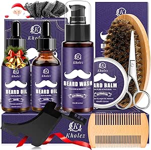 kholez kit barba uomo professionale, set completo con olio, balsamo, shampoo, forbici, pettine, spazzola e sacca da viaggio