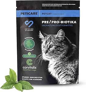 Peticare gatto prebiotici probiotici - rafforza sistema immunitario, pulisce intestino, flora intestinale - allevia allergie e prurito - integratore naturale per gatti